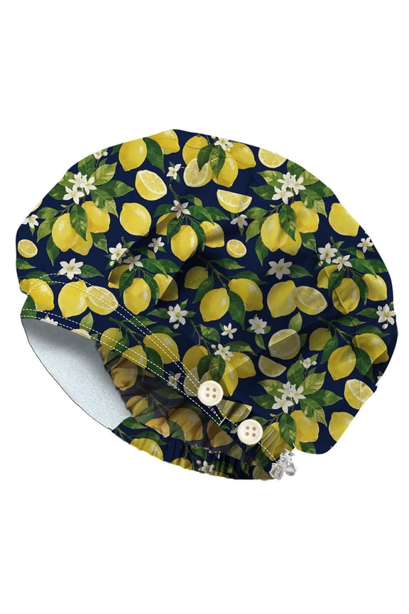 Cotton Adjustable Printed Bouffant Hats Working Caps for Women Men with Button Lemon Inner Diameter: 400~600mm