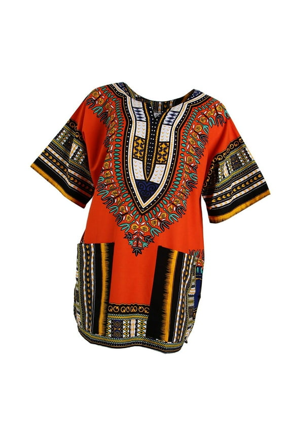 Cotton African Dashiki Skirt Dress Loose Fit Short Sleeve Caftan Tops for Men - Orange, as described