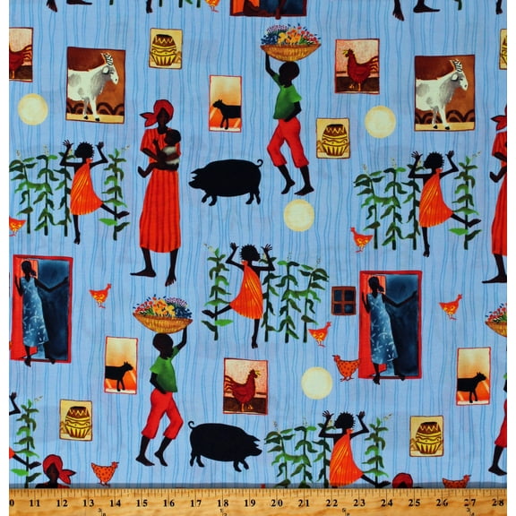 Cotton African Families Family Life Baskets Women Children Goats Home Joyful Days Blue Cotton Fabric Print by the Yard (1649-20669-B)