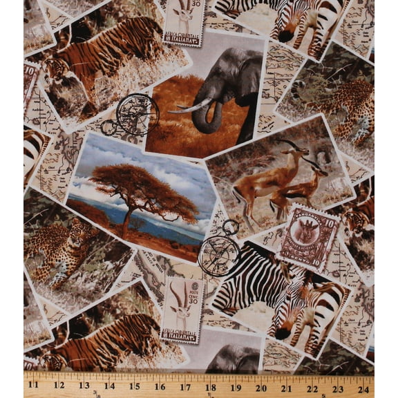Cotton African Safari Desert Tigers Zebras Cheetahs Elephants Antelopes Animals Cotton Fabric Print by the Yard (WILD-C7231-MULTI)