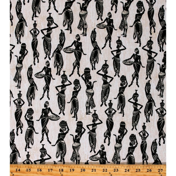Cotton African Women Ladies Carrying Baskets Vases Pots Silhouettes on Natural Kenta Cotton Fabric Print by the Yard (KENTA-CD1638NATURAL)