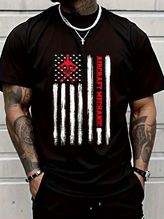 Cotton Airplane Aircraft Mechanic Aviation Tech American Flag Gift T-Shirt Men's Casual Short Sleeve Graphic Tee