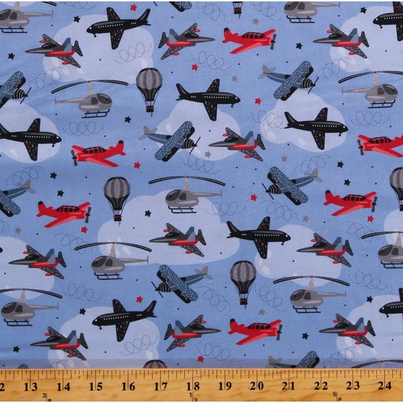 Cotton Airplanes Helicopters Jets Planes Kids Travel Transportation Blue Cotton Fabric Print by the Yard (112865-CA61220)