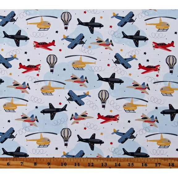 Cotton Airplanes Hot Air Balloons Biplanes Jets Helicopters Clouds Multicolor on White Cotton Fabric Print by the Yard (112866)