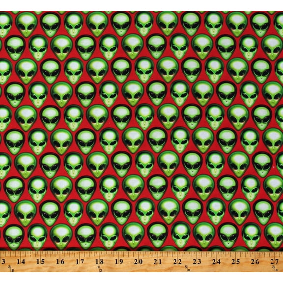 Cotton Aliens Green Faces Heads Area 51 Red Cotton Fabric Print by the Yard (AXED-19547-101FLAME)