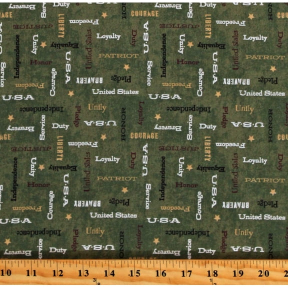 Cotton All American Patriotic Words United States USA Freedom bravery Courage Army Green Cotton Fabric Print by the Yard (53059-9)