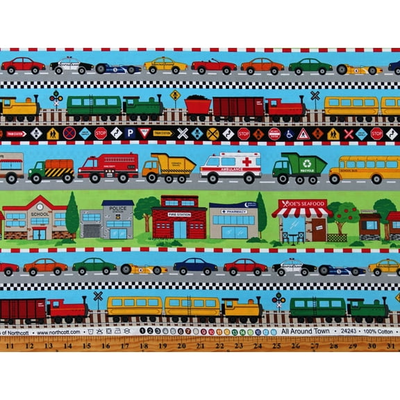 Cotton All Around Town Border Stripe Cars Vehicles Traffic Signs Buildings City Transportation Kids Cotton Fabric Print by the Yard (24243-74GREENMULTI)