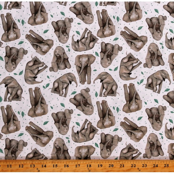 Cotton All Big Things Start Small Cute Baby Elephants Animals Zoo Polka Dots Leaves Gray Cotton Fabric Print by the Yard (7322-09)