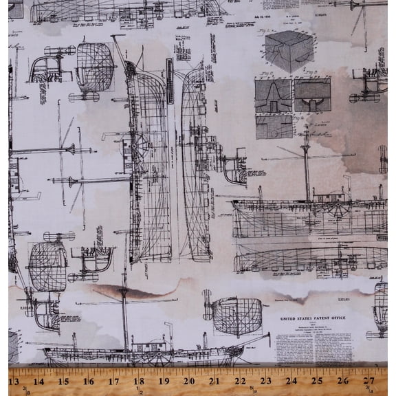 Cotton All Hands On Deck Boat Ship Blueprints Build Construct Buoyancy Measurements Instructions Cream Cotton Fabric Print by the Yard (U5148-312-ATLANTIC)
