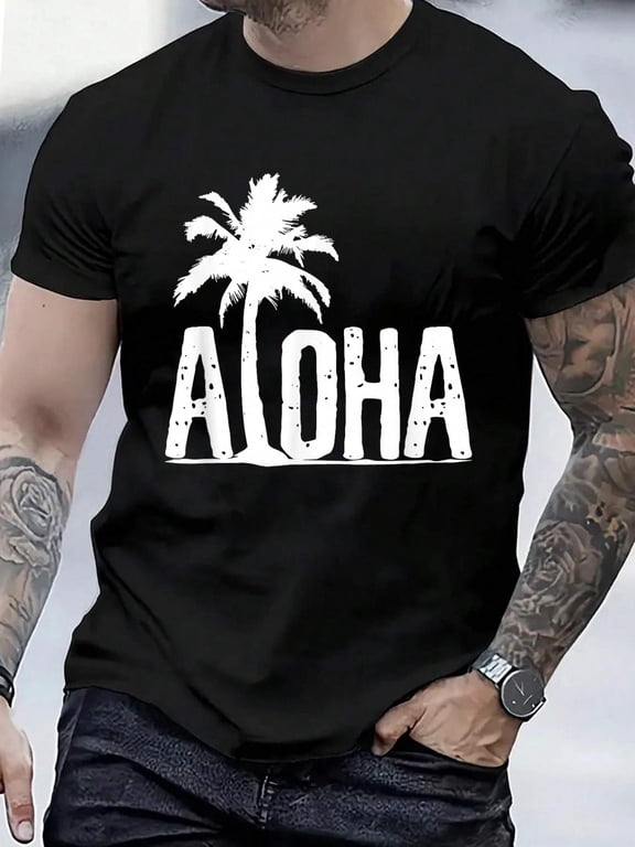 Cotton Aloha Beach Summer Palm Trees Hawaii Surfer Gift T-Shirt Men's Graphic Tee,Casual Short Sleeve Shirt