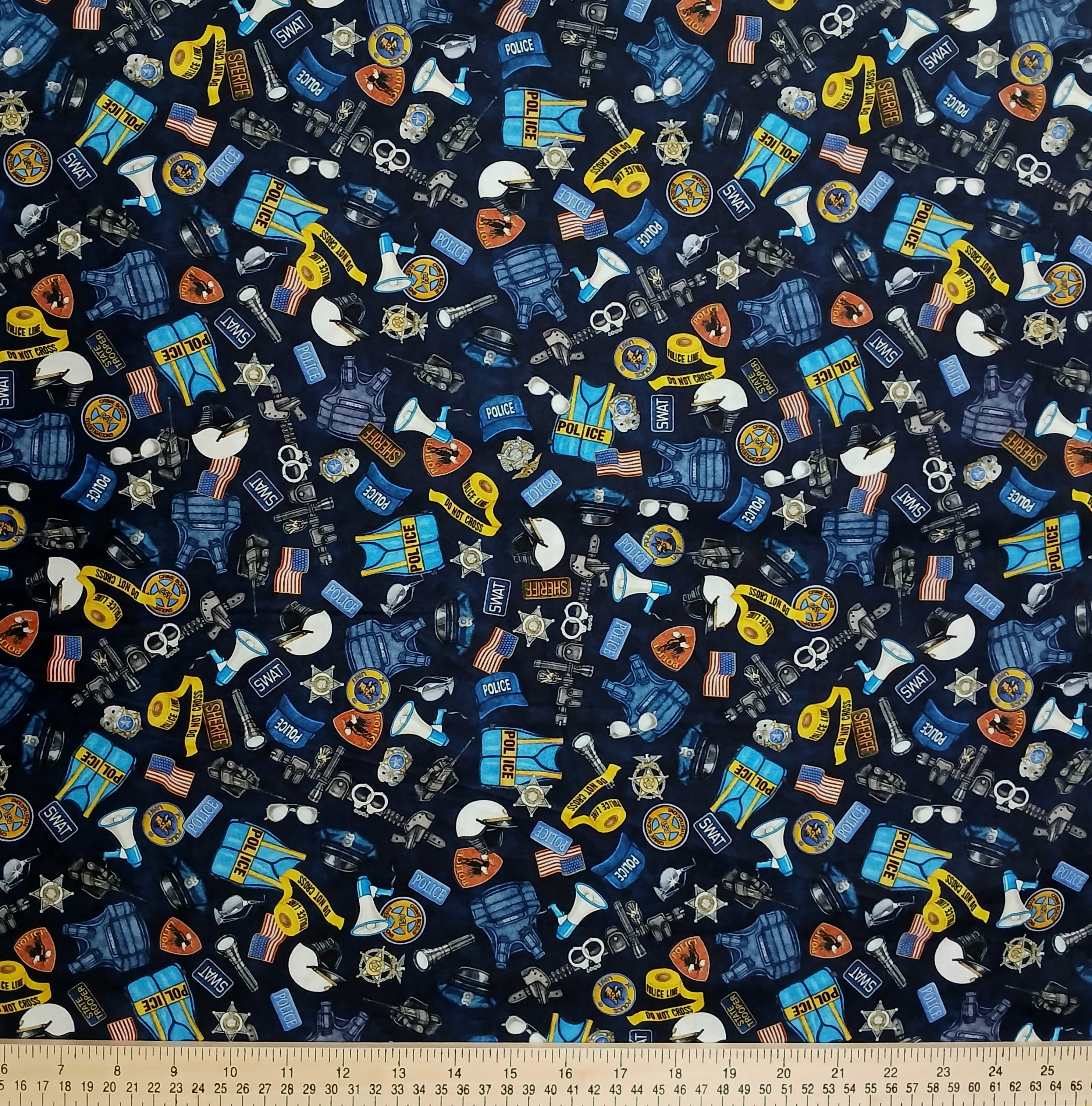 Cotton American Heroes Police America Handcuffs Badge Vest Belt Flashlight Flag Quilting Treasures Cotton Fabric Print by the Yard (2600-30688-N)