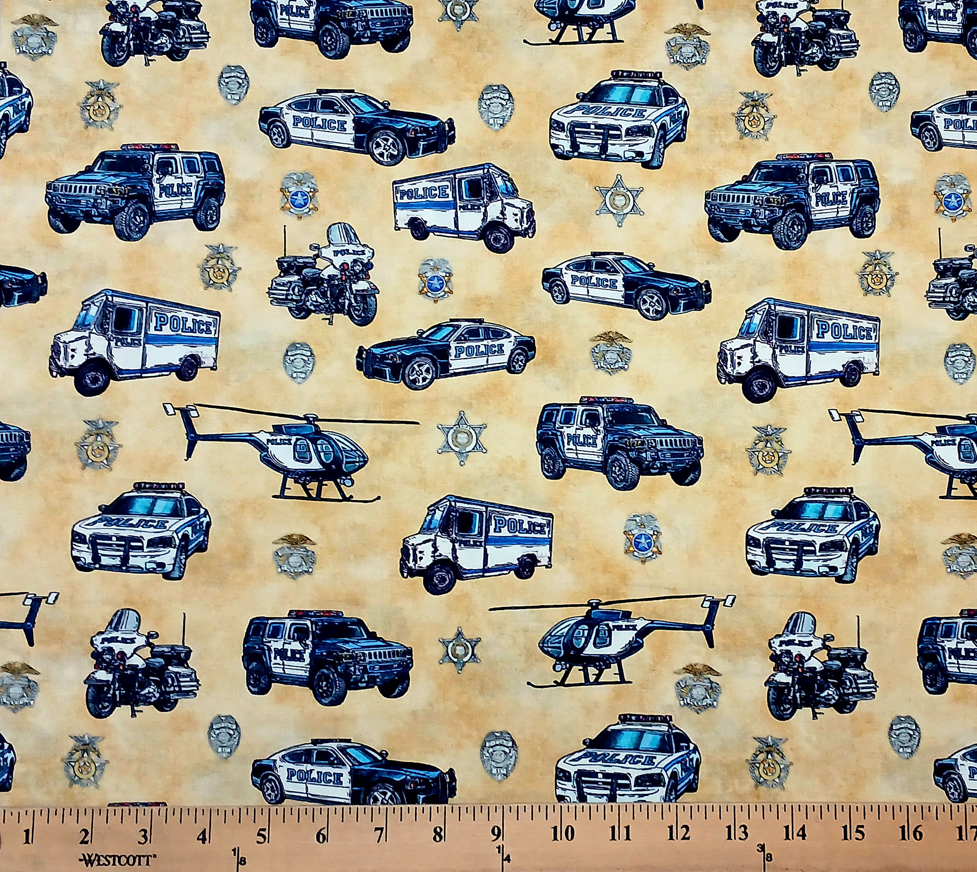 Cotton American Heroes Police Cars Helicopters Motorcycles Trucks Badges Quilting Treasures Wheat Cotton Fabric Print by the Yard (2600-30687-S)