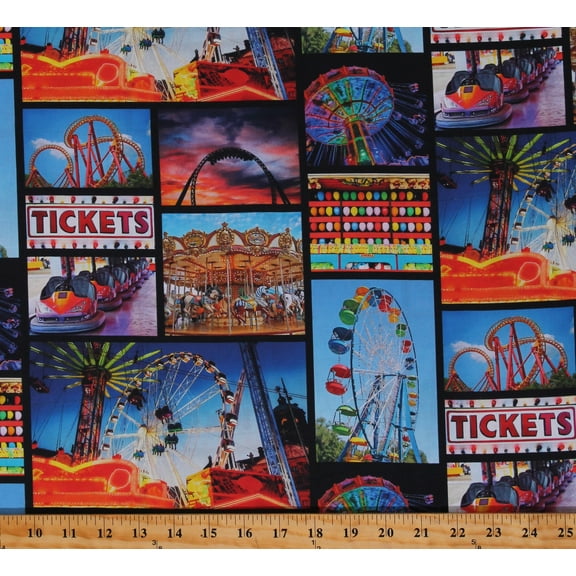 Cotton Amusement Park Rides Roller Coasters Fun Kids Amazement Park Multicolor Cotton Fabric Print by the Yard (18741-BLK-CTN-D)