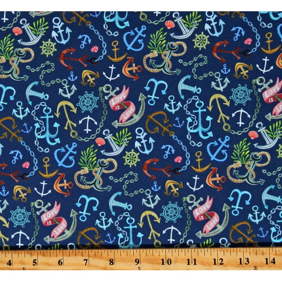 Cotton Anchors Nautical You're A Catch Love is Love Beach & Sea Navy Cotton Fabric Print by the Yard (STELLA-DMB2139-NAVY)