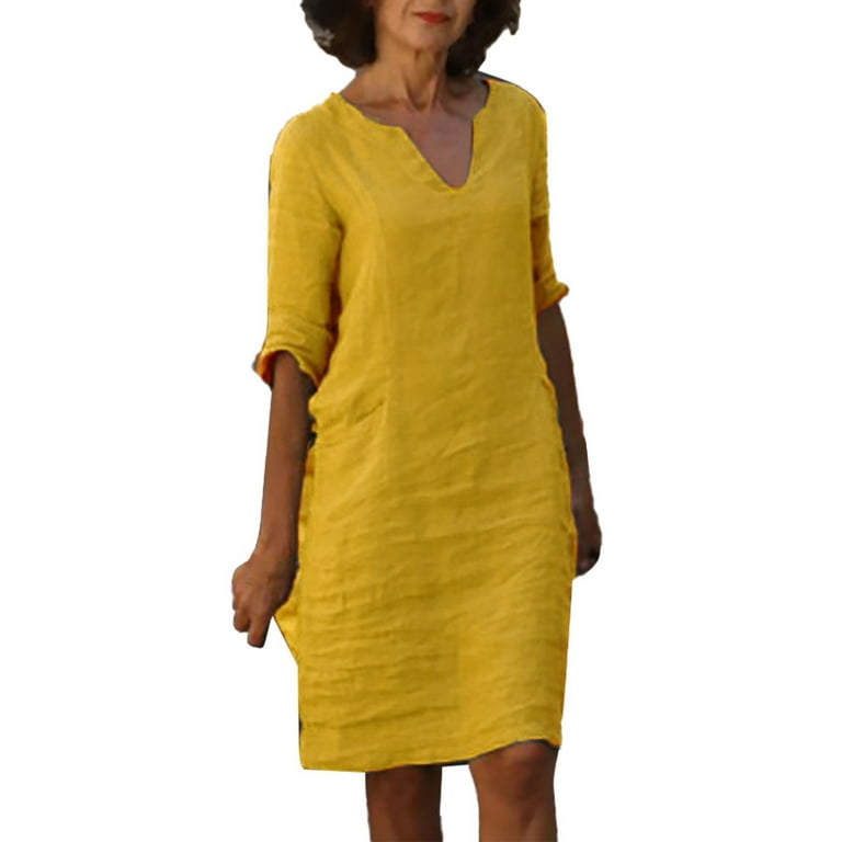 Cotton And Linen Short Sleeve Holiday Semi Casual Women S V Neck Mini Dress Solid Color Women S Dress Summer Business Clothes for Women Short Casual Dress for Women Button Front Dresses Womens Dresses