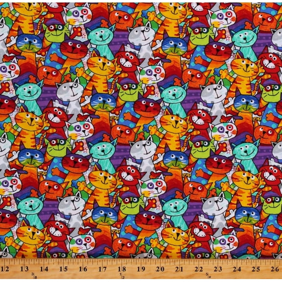 Cotton Animals Cats Kitten Colorful Multicolor Cotton Fabric Print by the Yard (GAIL-C6341-MULTI)