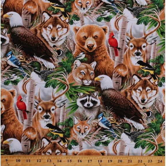 Cotton Animals Foxes Raccoons Deer Bucks Bears Eagles Birds Wildlife Refuge Multicolor Cotton Fabric Print by the Yard (1333MULTI)