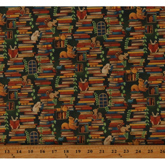 Cotton Animals Woodland Squirrels Rabbits Bunnies Books Library Multicolor Cotton Fabric Print by the Yard (12019617)