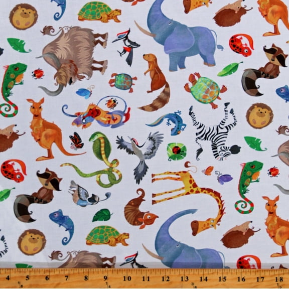 Cotton Animals Zebras Giraffes Elephants Turtles Kangaroos ABC 123 Animal Toss White Kids Children's Cotton Fabric Print by the Yard (DP24947-10)