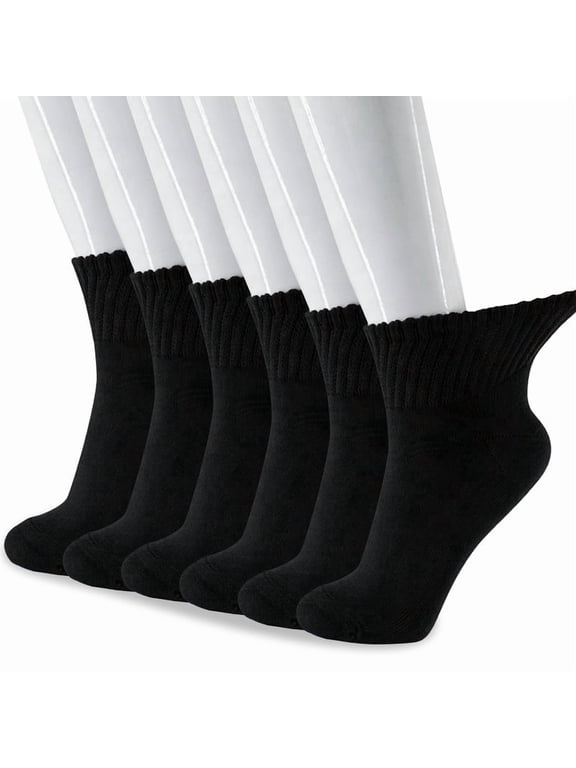 Cotton Ankle Diabetic Socks for Women and Men Non-Binding Top, 6 Pairs (10-13, Black)