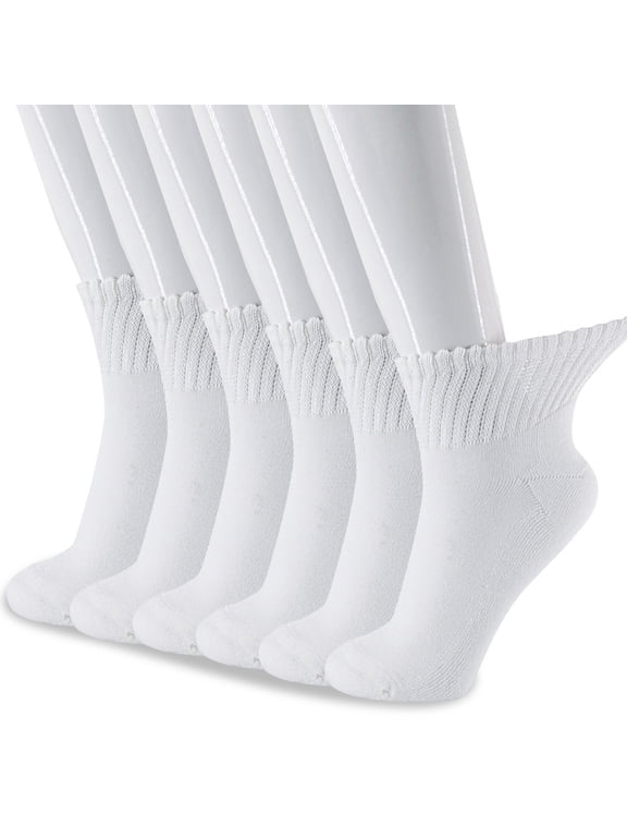 Cotton Ankle Diabetic Socks for Women and Men Non-Binding Top, 6 Pairs (10-13, White)