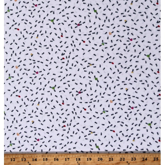 Cotton Ants Insects Bugs Food Chow Time Eating White Cotton Fabric Print by the Yard (AMKD-19787-1-WHITE)