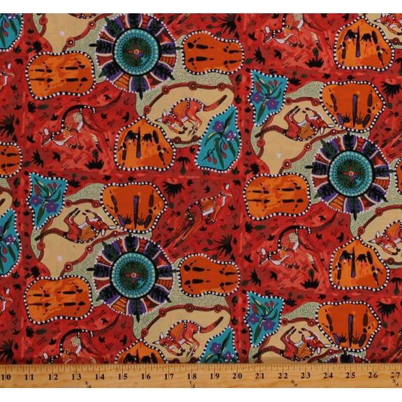 Cotton Australian Cultural Outback Desert Plants Flowers Kangaroos Tracks Footprints Mirram Mirram aka Red Multicolor Cotton Fabric Print by the Yard (MMAR)