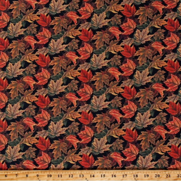Cotton Autumn Foliage Fall Leaves Maple Leaf Thanksgiving Turkey Time Black Cotton Fabric Print by the Yard (02392-12)