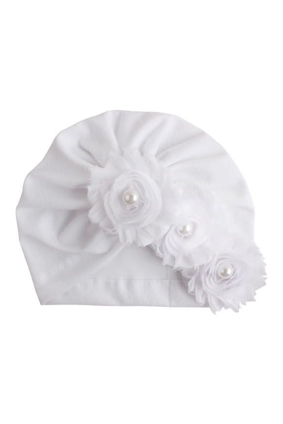 Cotton Baby Girls Headband, Knotted Chiffon Flower Pearls Head Band Infants Toddlers Newborn Stretchy Hair Accessories (One Size, White)