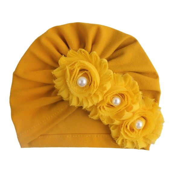 Cotton Baby Girls Headband, Knotted Chiffon Flower Pearls Head Band Infants Toddlers Newborn Stretchy Hair Accessories (One Size, Yellow)
