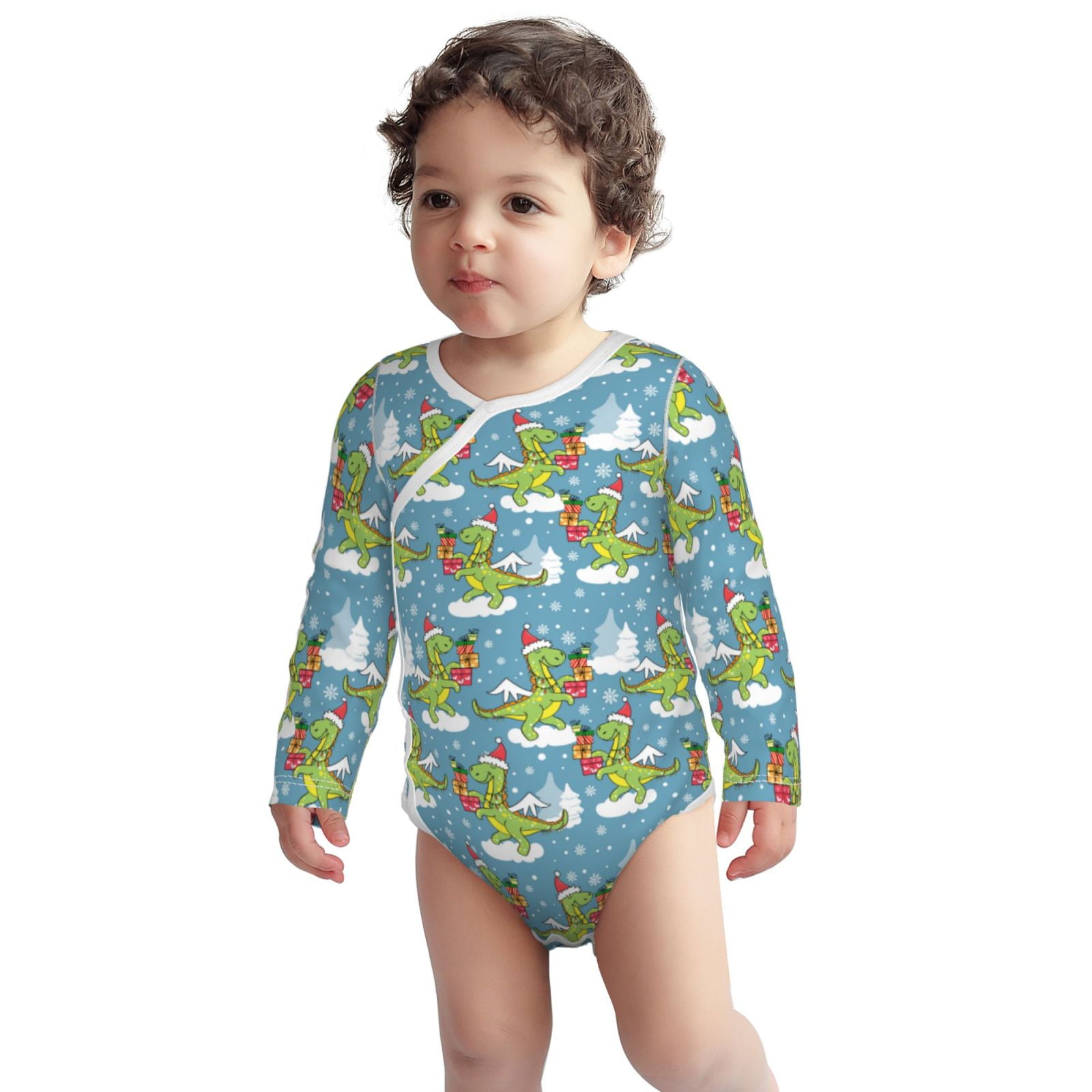 Cotton Baby Onsies, Dino Christmas Adventure Snowy Blue Long Sleeve