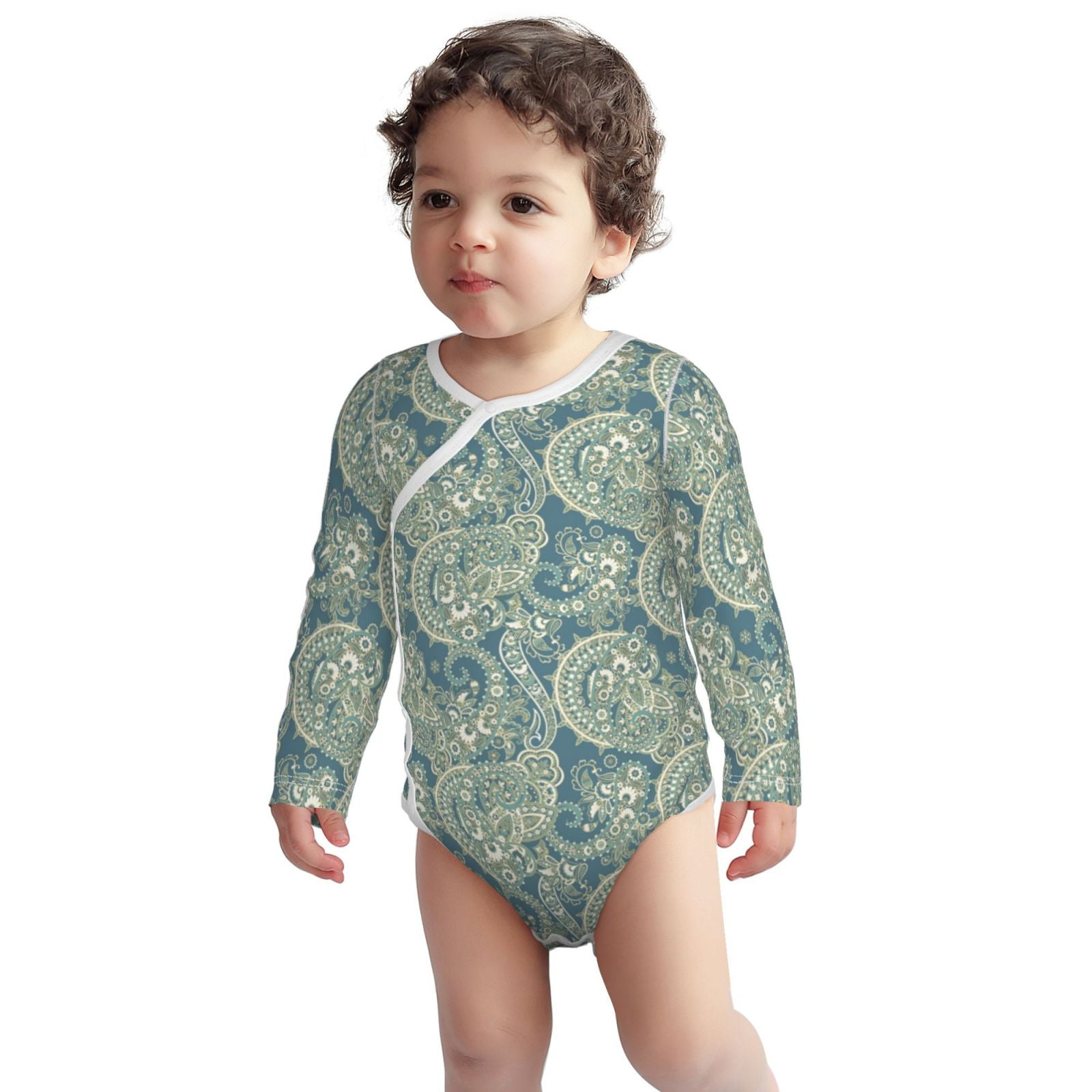 Cotton Baby Onsies, Paisley Green Long Sleeve Unisex Newborn Baby