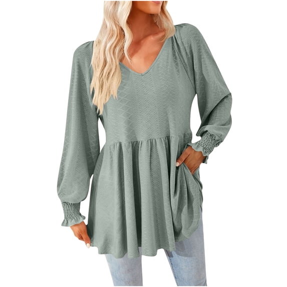 Cotton Babydoll Tops for Women Casual Long Sleeve Peplum Tops V Neck Loose T-Shirt Tops