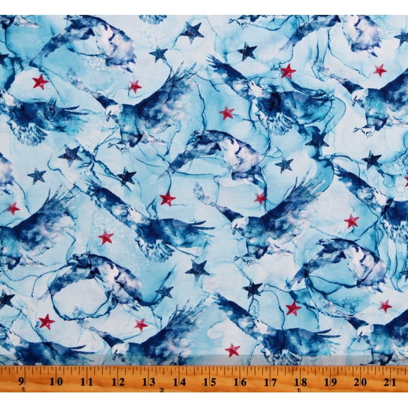 Cotton Bald Eagles Patriotic USA Stars Patriot Blue Cotton Fabric Print by the Yard (DP25539-42)