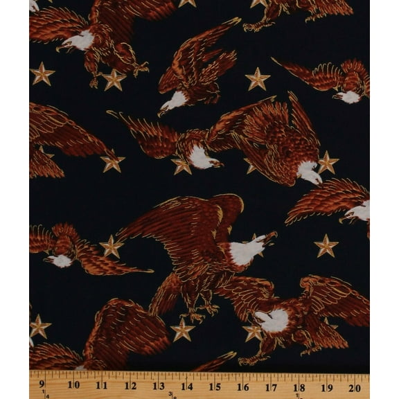 Cotton Bald Eagles Stars Patriotic USA Freedom National Birds on Navy Blue Pride of America Metallic Cotton Fabric Print by the Yard (14798)