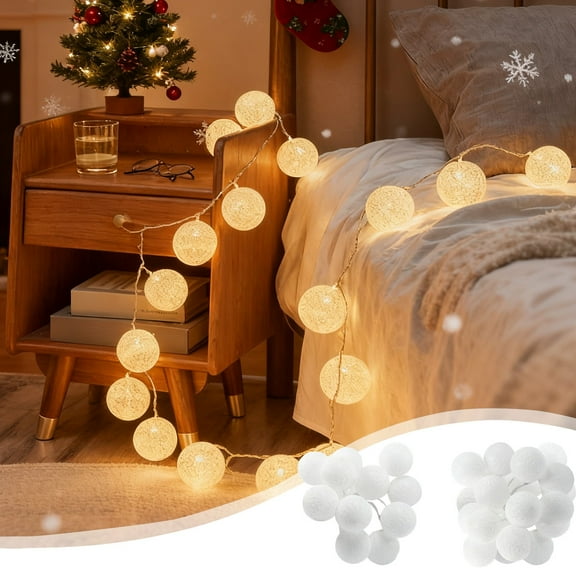 Cotton Ball String Lights for Christmas, Battery-Powered LED Holiday Decorations, Soft White Cotton Thread Lights for Room, Tent & Holiday Setup, Festive LED String Lights
