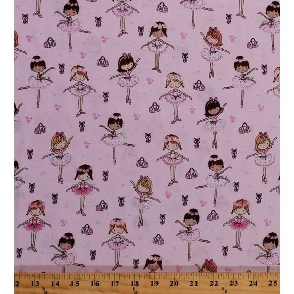 Cotton Ballerinas Ballerina Girls Ballet Dance Slippers Pink Glitter Cotton Fabric Print by the Yard (fun-cm3817-pink)