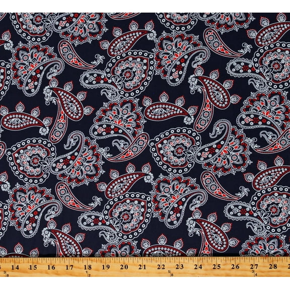 Cotton Bandana Print Paisleys Allover Red White Navy Blue Patriotic USA Western Cotton Fabric Print by the Yard (CX9125-NAVY-D)