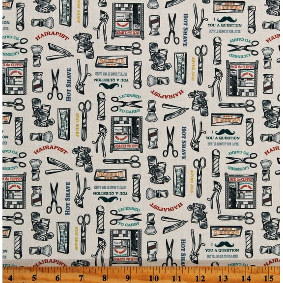 Cotton Barbershop Haircut Barber Poles Chairs Hair-Cutting Scissors Shears Jack the Clipper White Cotton Fabric Print by the Yard (STELLA-D2585-VANILLA)