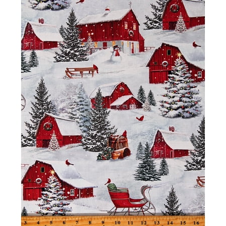 Cotton Barns Farm Scenic Landscape Winter Farmstead Friends Pale Blue Multi Cotton Fabric Print by the Yard (DP26897-41)