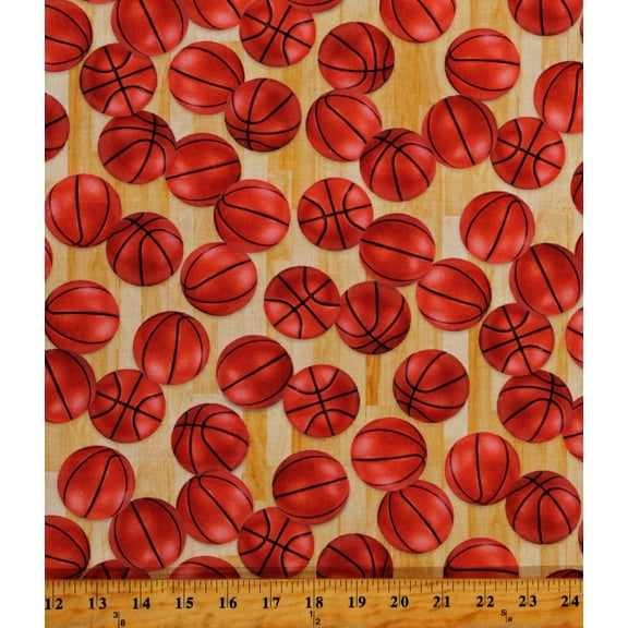 Cotton Basketballs Allover on Gymnasium Floor Background Athletics Athlete Sports Life 5 Natural Cotton Fabric Print by the Yard (SRKD-19137-14NATURAL)