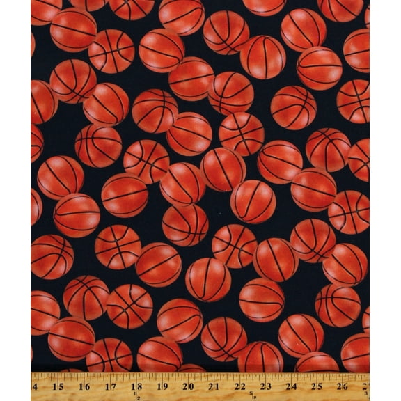 Cotton Basketballs Allover on Black Athletics Athlete Sports Life 5 Cotton Fabric Print by the Yard (SRKD-19137-2BLACK)