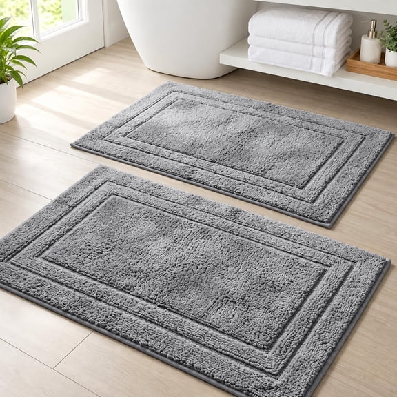 Cotton Bath Mat Set, 2-Piece, Gray, 32 x 20 Inch, Soft Absorbent Bathroom Rugs for Shower & Tub