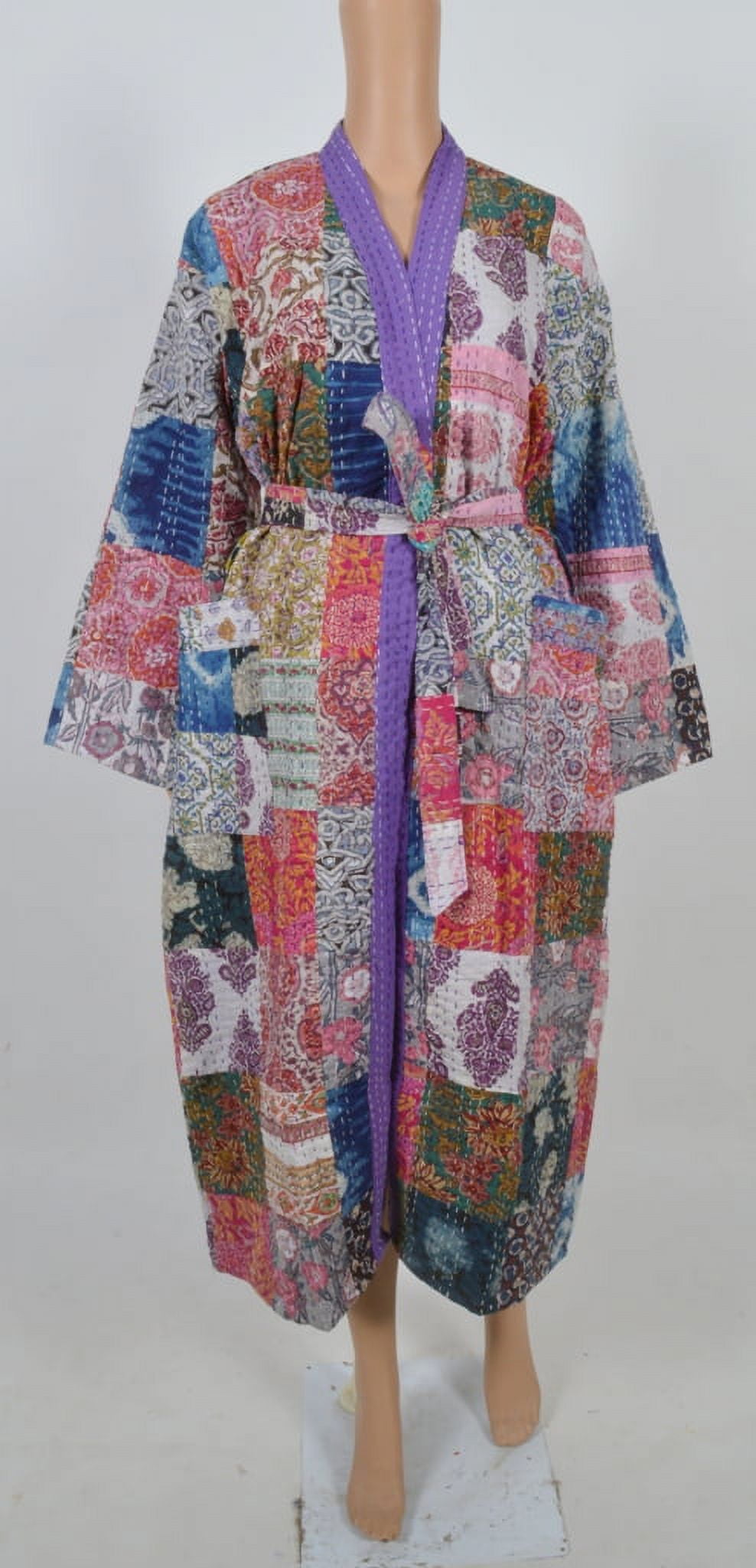 Cotton Bath Robe, Stone Wash Indian Multi Patchwork Handmade Kantha ...