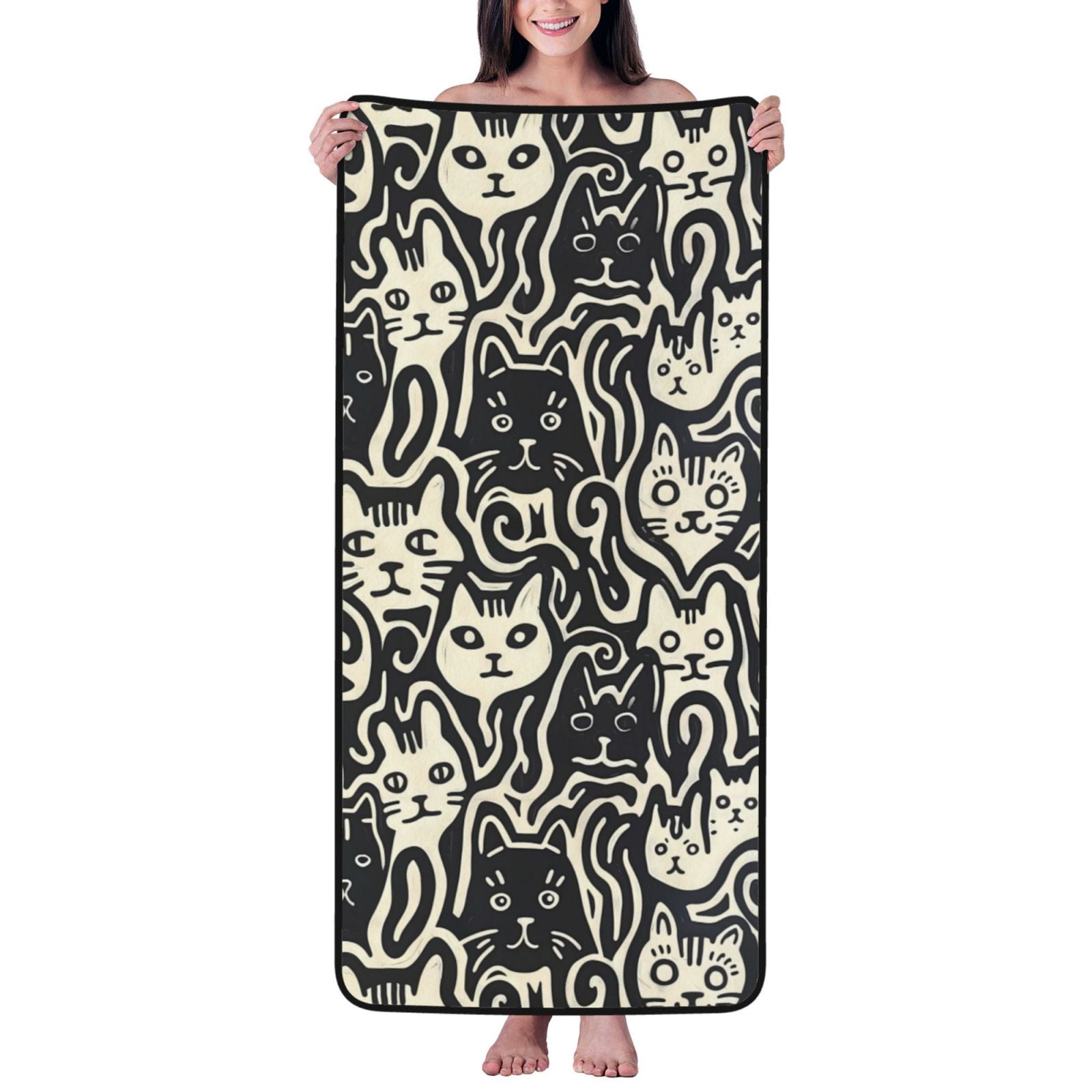 Cotton Bath Towels for Bathroom - Abstract Cat Faces Pattern Microfiber Quick Dry Towels for Body Bath Sheets, Personalized Beach Towel, Soft Shower Towels for Travel Home Beach 27*55in
