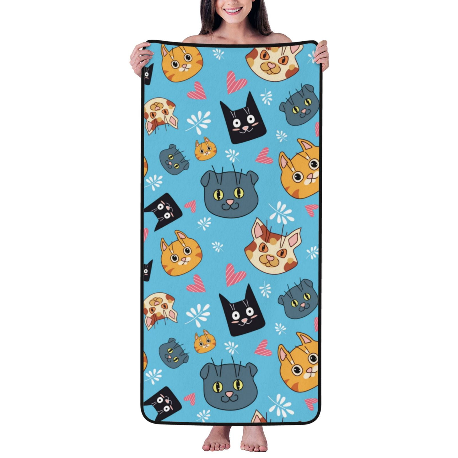 Cotton Bath Towels for Bathroom - Abstract Cute Cartoon Cat Face Microfiber Quick Dry Towels for Body Bath Sheets, Personalized Beach Towel, Soft Shower Towels for Travel Home Beach 27*55in