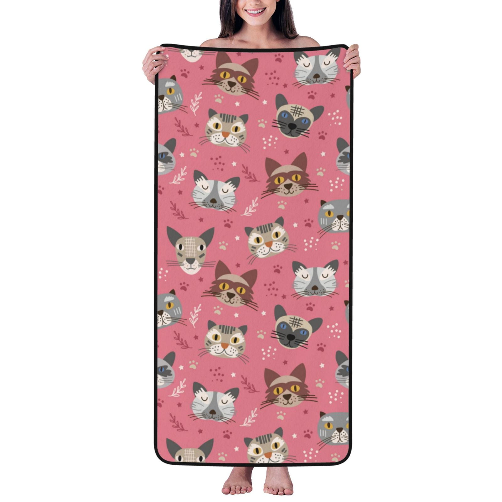 Cotton Bath Towels for Bathroom - Abstract Cute Cat Face Pink Microfiber Quick Dry Towels for Body Bath Sheets, Personalized Beach Towel, Soft Shower Towels for Travel Home Beach 27*55in
