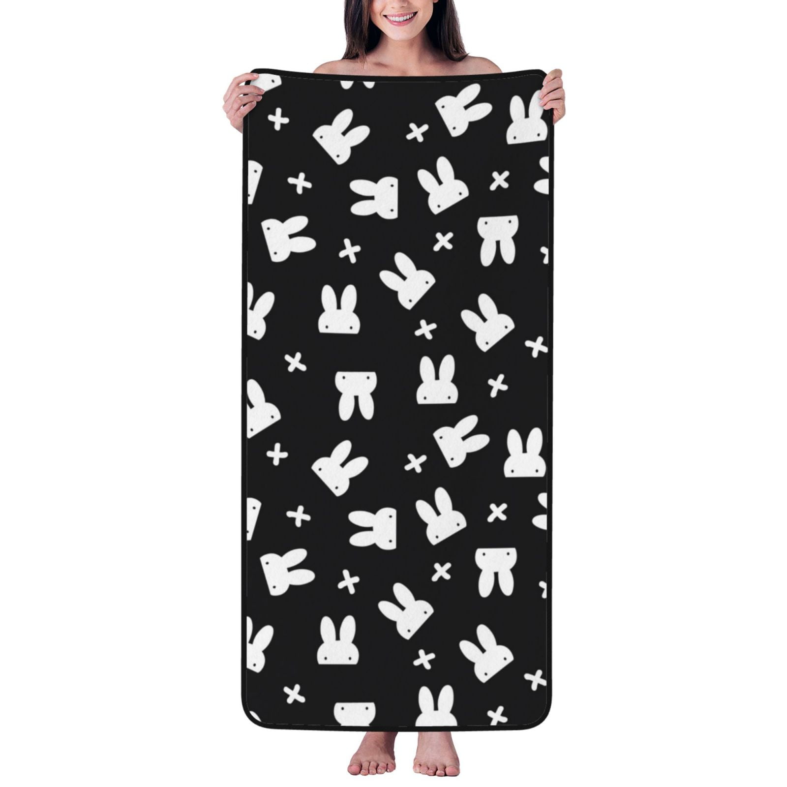 Cotton Bath Towels for Bathroom Abstract Cute Rabbit Black White