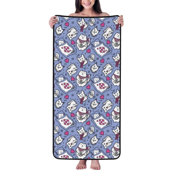 Cotton Bath Towels for Bathroom - Abstract Hand Drawn Cartoon Cat Fish Microfiber Quick Dry Towels for Body Bath Sheets, Personalized Beach Towel, Soft Shower Towels for Travel Home Beach 27*55in