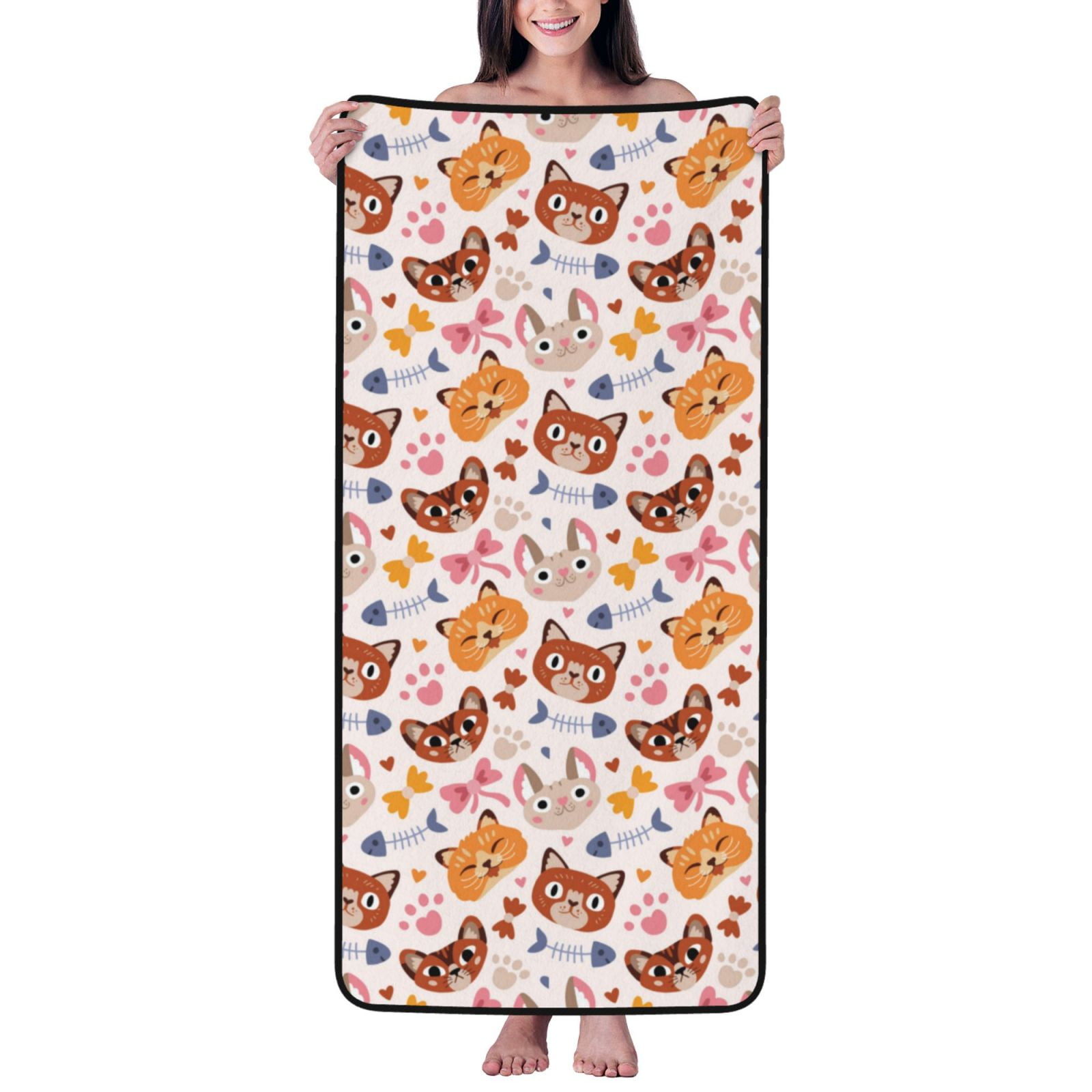 Cotton Bath Towels for Bathroom - Abstractcartoon Cute Cat Face Microfiber Quick Dry Towels for Body Bath Sheets, Personalized Beach Towel, Soft Shower Towels for Travel Home Beach 27*55in